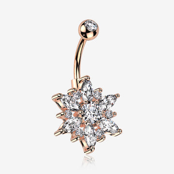 Rose Gold Brilliant Marquise Petal Flower Sparkle Belly Button Ring-Clear Gem